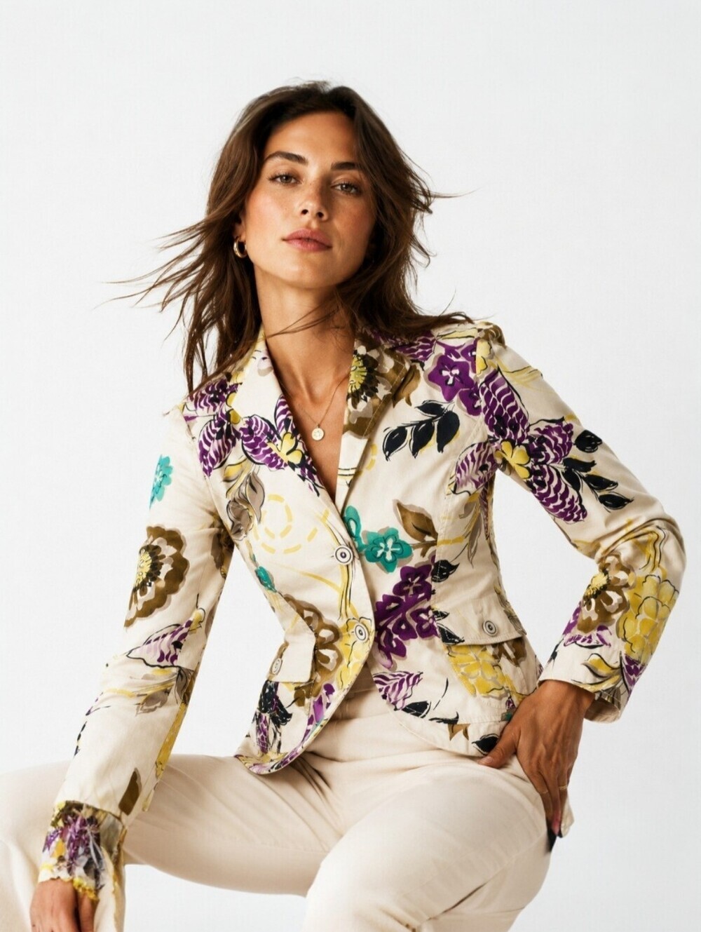 ETRO Milano Italy Floral Cotton Blazer Jacket Belted Purple Yellow IT 46 US 10 L